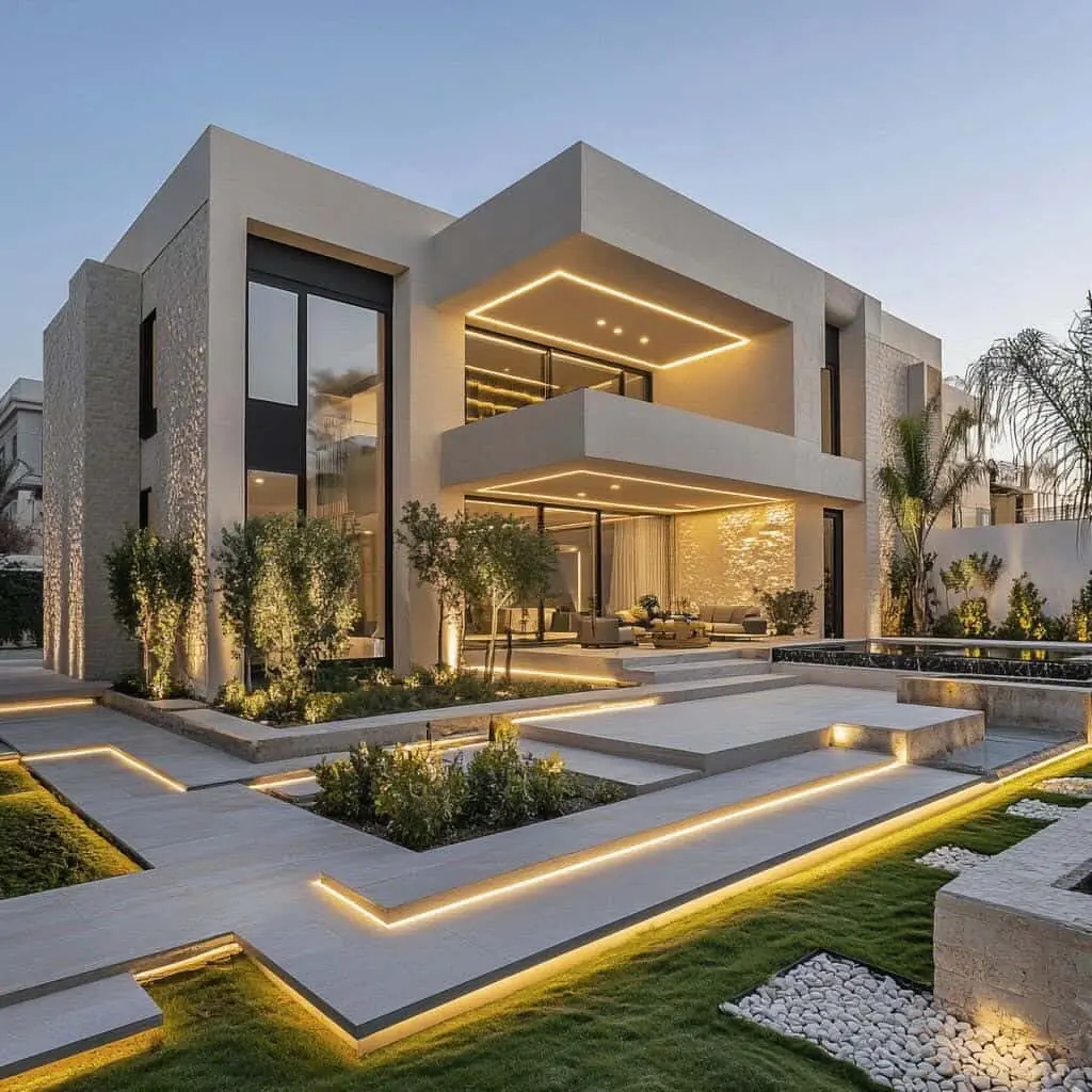 A stone-clad modern home at dusk, with lit paths through the garden.